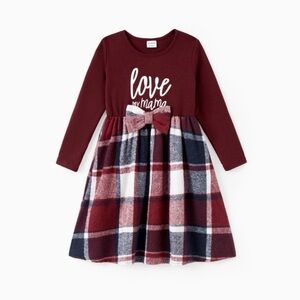 Girl Casual Long Sleeve Plaid Design Knit Splicing Belted Dresses Sets WineRed